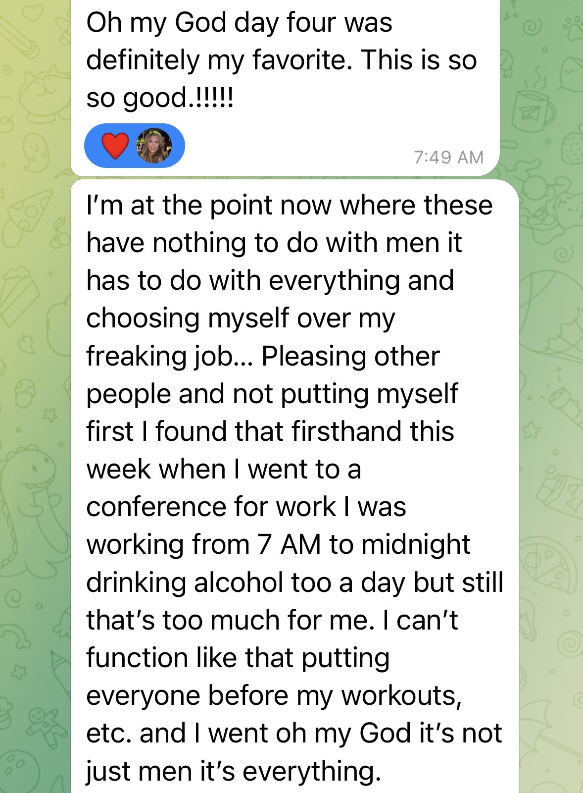 Client messages about choosing herself over pleasing others